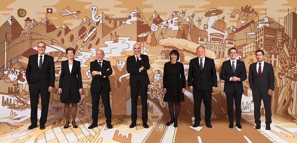 the seven ministers, from left, and the Federal Chancellor (elected civil service head), right, in the official Swiss Federal Council photo 2018
