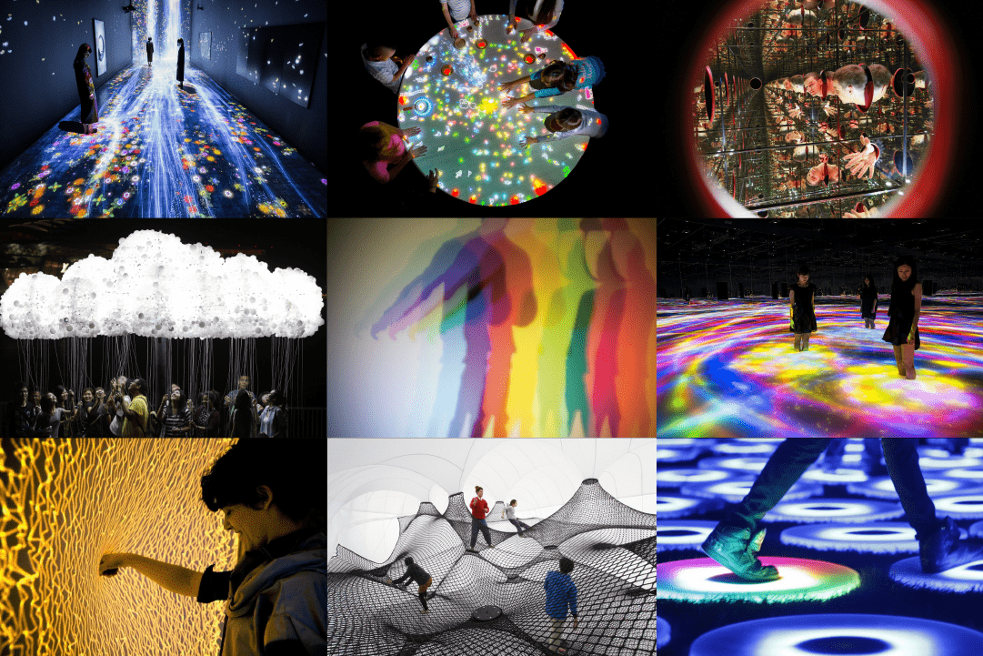 (แถวบน) 1 Transcending Boundaries, 2017, teamLab 2 teamLab Islands, 2016, teamLab 3 The “Mirror Box”, 2015, Krasnoyarsk Museum Centre (แถวกลาง) 1 Cloud, 2014, Caitlind Brown & Wayne Garrett 2 Slow-motion shadow in color, 2009, Olafur Eliasson 3 DMM.PLANETS Art, 2016, teamLab (แถวล่าง) 1 Firewall, 2012, Mike Allison & Aaron Sherwood 2 Net Vienna, Blow-up, 2013, Numen / For Use 3 The Pool, 2012, Jen Lewin Studio