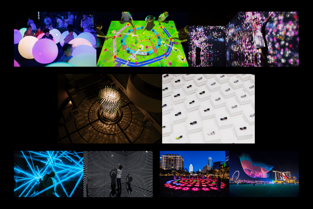 (แถวบน) teamLab Islands, 2016, teamLab (แถวกลาง) Myyarab, 2009, Wit Pimkanchanapong & Duckunit Studio (แถวล่าง) 1,2 Day For Night Festival 3,4 i Light Marina Bay Festival