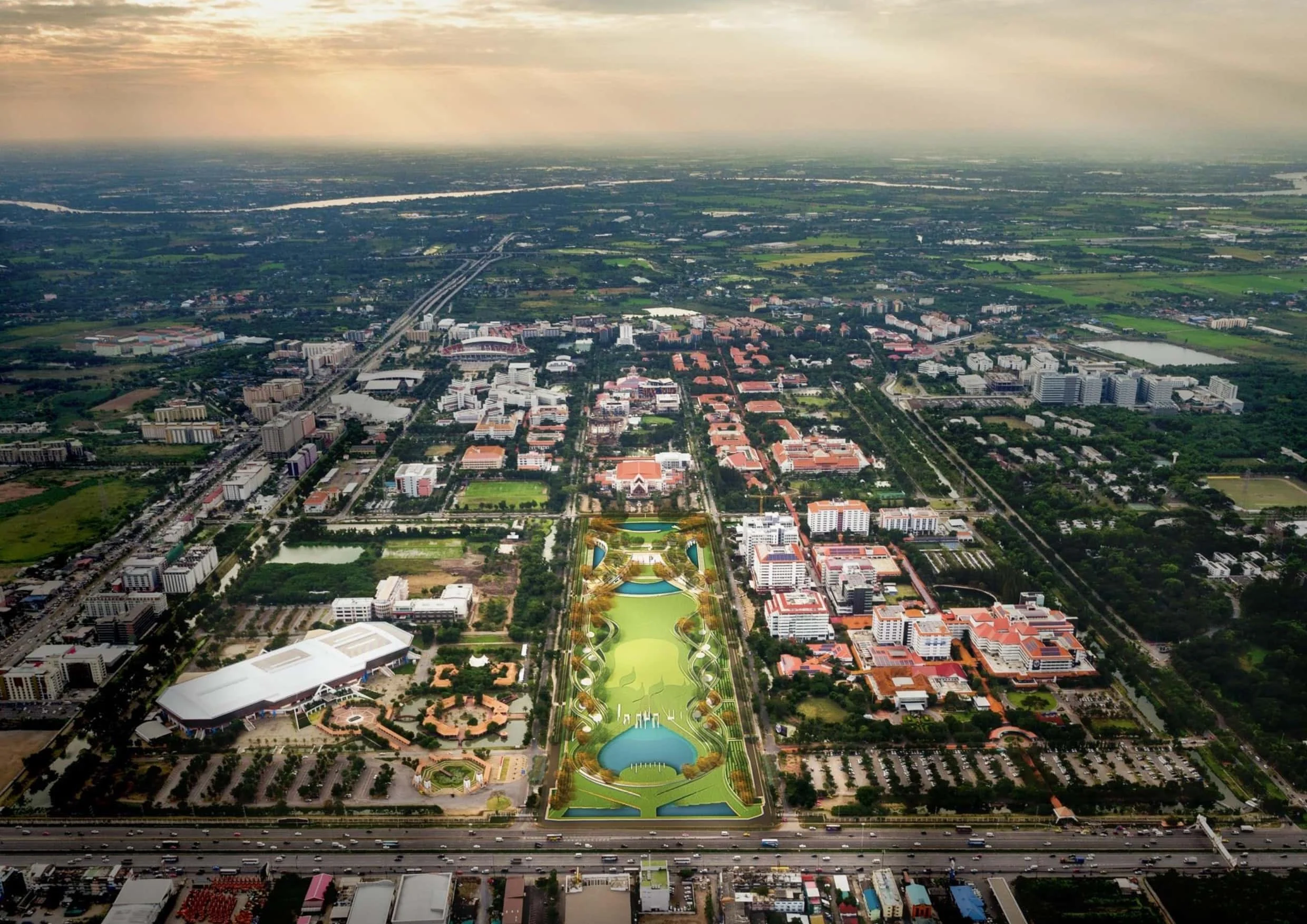 ภาพแสดงแบบการก่อสร้างอาคารอุทยานการเรียนรู้ป๋วย 100 ปี และ 'สวนป๋วย' ที่มหาวิทยาลัยธรรมศาสตร์ ศูนย์รังสิต ติดถนนพหลโยธิน