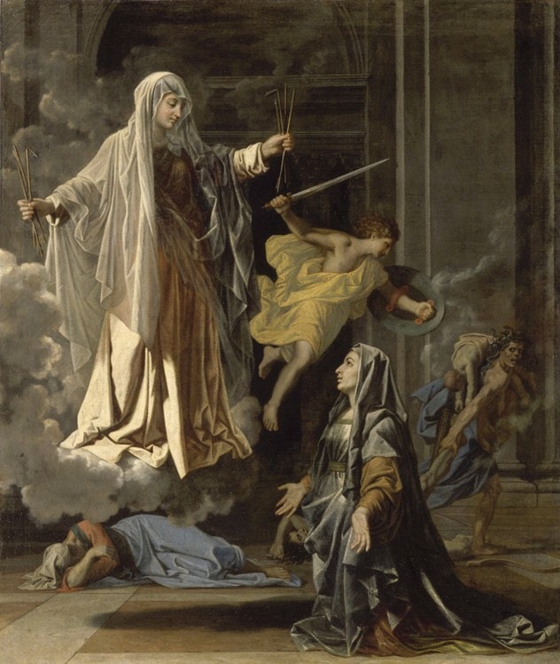 Nicolas Poussin, Saint Frances of Rome Announcing the End of the Plague in Rome, 1656 ปัจจุบันอยู่ที่พิพิธภัณฑ์ลูฟวร์, ปารีส, ฝรั่งเศส