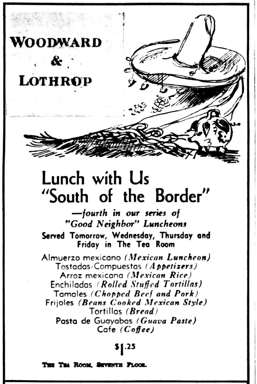 โฆษณาร้านอาหารในหนังสือพิมพ์ ปี ค.ศ. 1943 มีข้าวเม็กซิโกเป็นหนึ่งในเมนูอาหาร (Library of Congress)